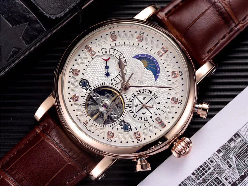 Luxury mechanical wristwatch with brown leather strap, detailed white dial, moon phase, and multiple subdials