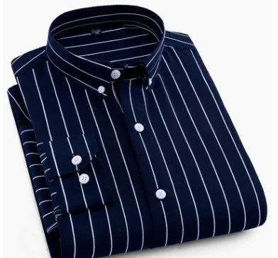 Folded navy blue dress shirt with white vertical stripes and white buttons