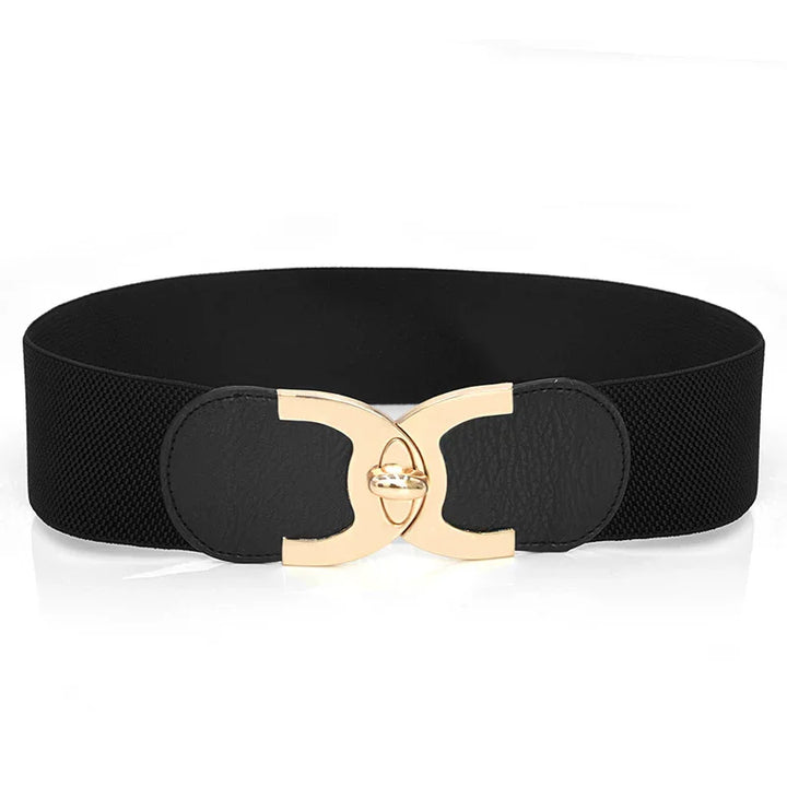 Black wide elastic fashion belt with gold-tone double clasp buckle on white background