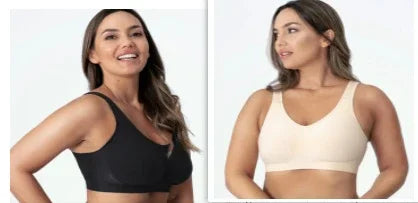 Smiling woman modeling black and beige wireless bras against a white background