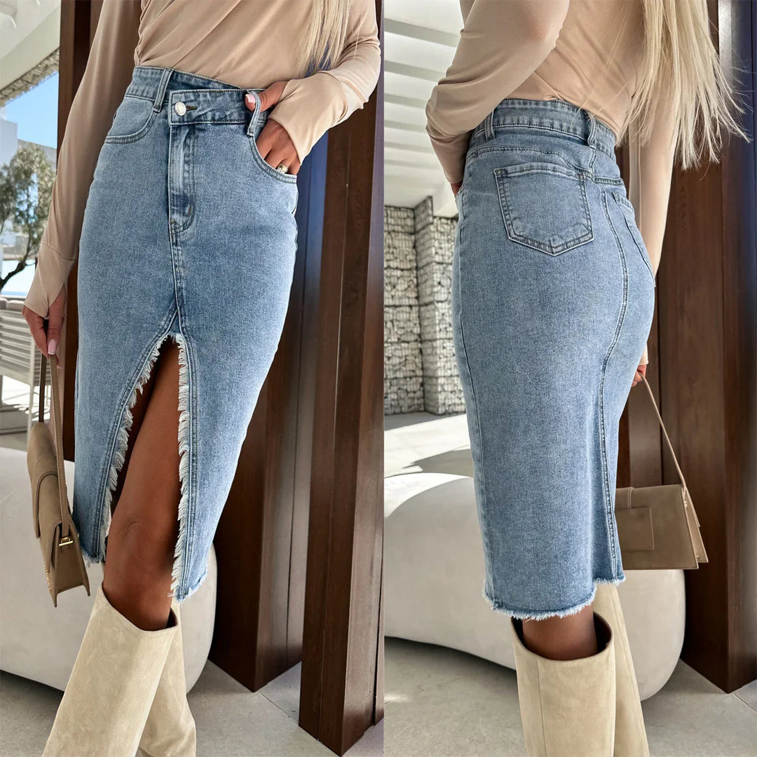 Two views of a woman wearing a light blue denim skirt with front slit and frayed edges paired with beige boots and a beige long sleeve top