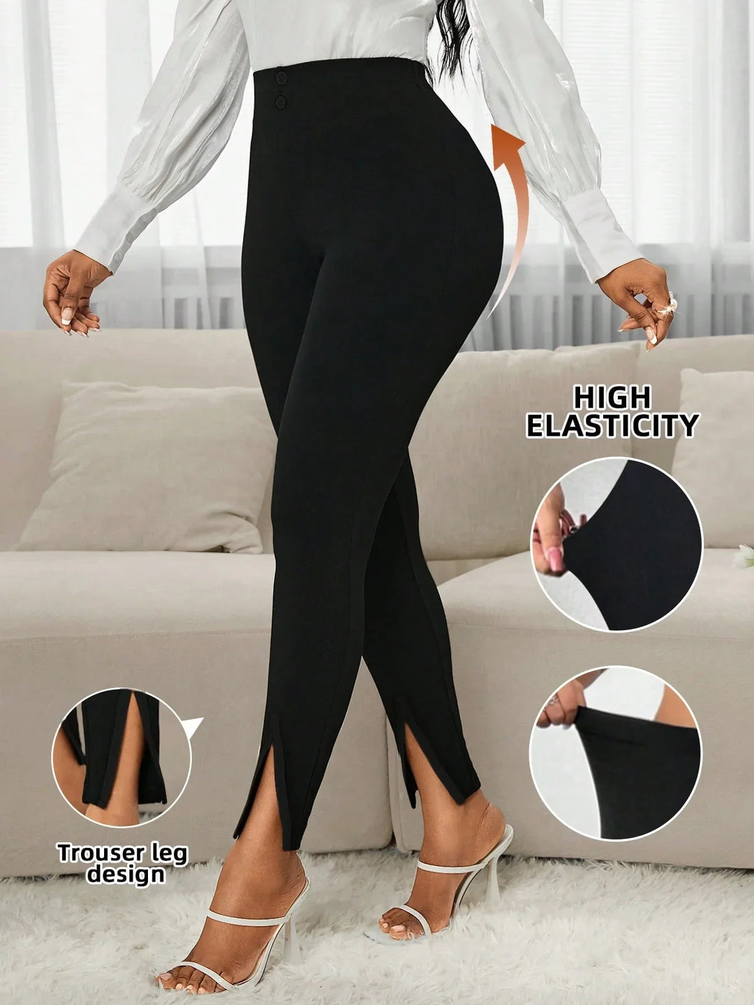 Woman wearing high elasticity black slim-fit pants with trouser leg slits and white heels indoors