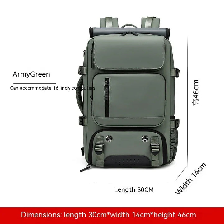 Army green backpack for 16-inch laptop, multiple pockets, 30x14x46cm dimensions