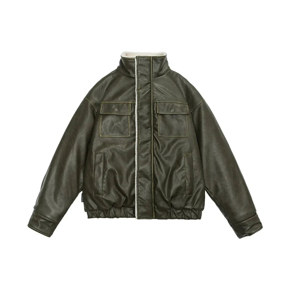 Dark green leather bomber jacket with shearling lining, high collar, flap chest pockets, and elastic hem
