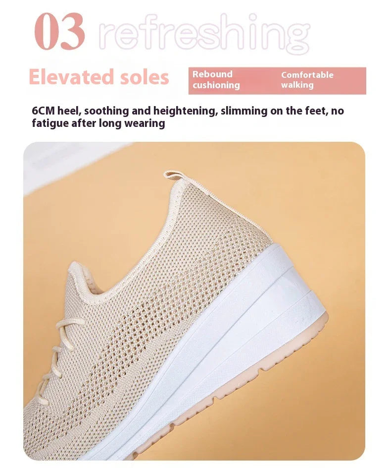 Beige breathable mesh sneaker with 6CM elevated white sole for cushioning and comfortable walking