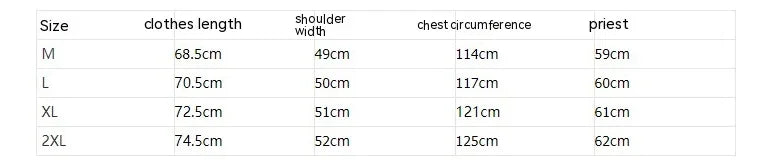 Size chart table showing clothes length, shoulder width, chest circumference, and priest measurements for sizes M to 2XL