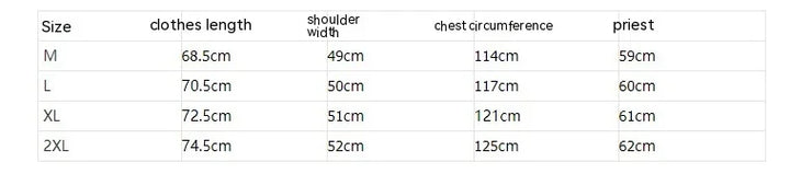 Size chart table showing clothes length, shoulder width, chest circumference, and priest measurements for sizes M to 2XL