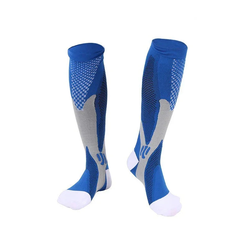 Pair of blue and gray compression knee-high sports socks with white toes, designed for athletic support