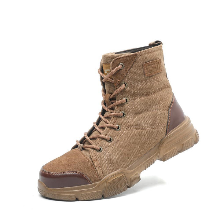 brown high-top canvas and leather hiking boot with rubber sole and laces