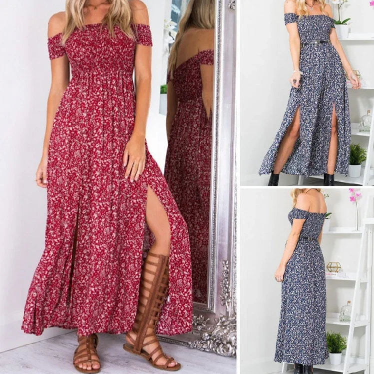Women modeling off-shoulder floral maxi dresses with front slits; one in red with gladiator sandals, another in blue with black boots