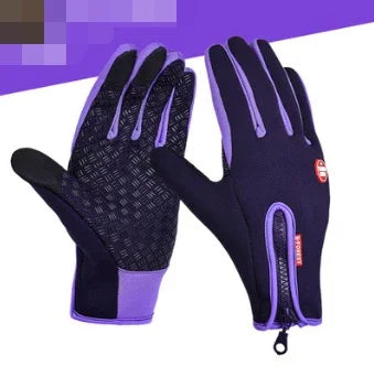 Pair of black and purple gloves with zipper and textured grip on palm, suitable for outdoor or sports use