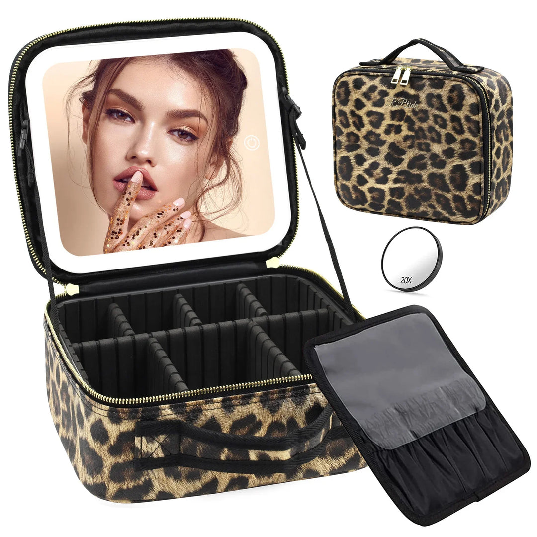 Leopard print makeup train case with adjustable compartments, LED mirror showing woman's face, and 20X magnifying mirror