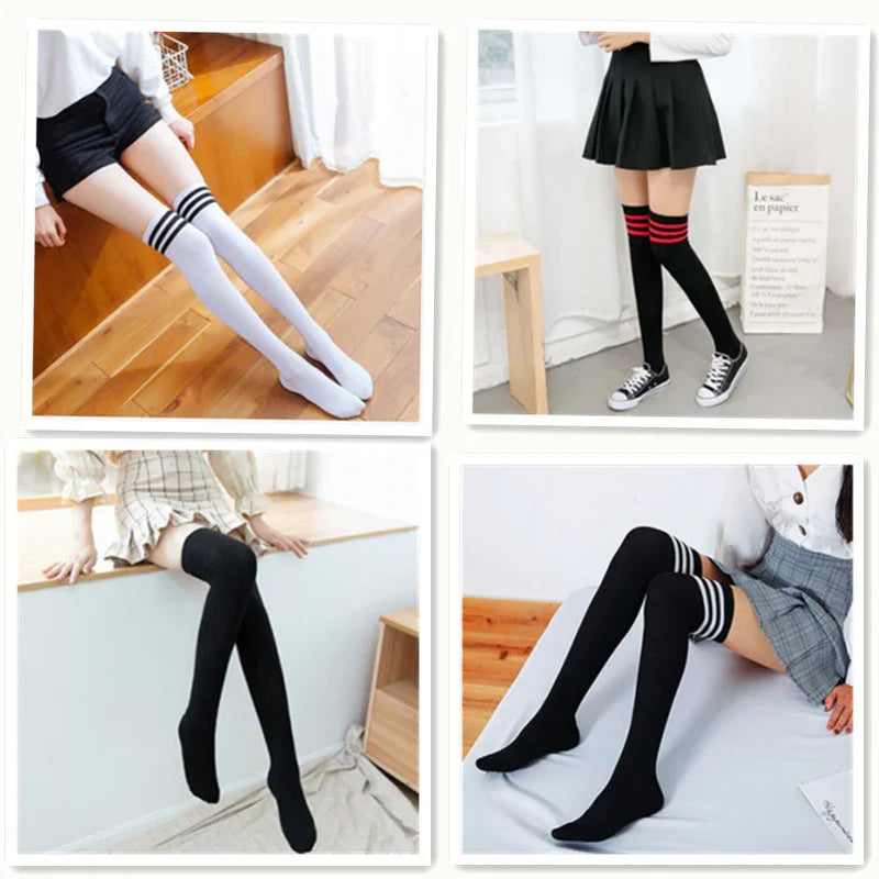 Women wearing thigh-high striped socks in black and white, styled with skirts in casual indoor settings