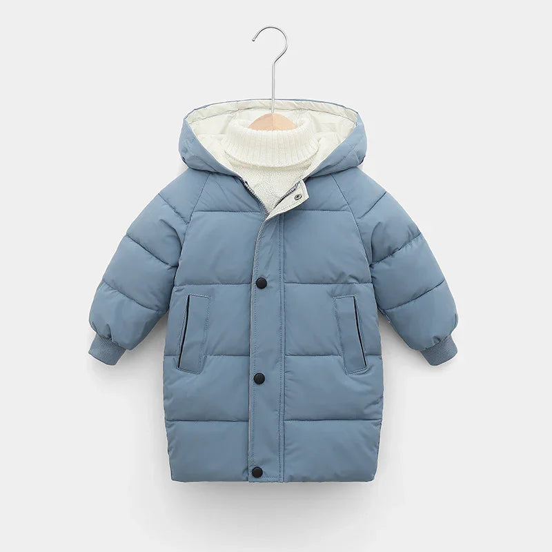 Blue padded toddler winter coat with hood and white knitted turtleneck sweater on hanger