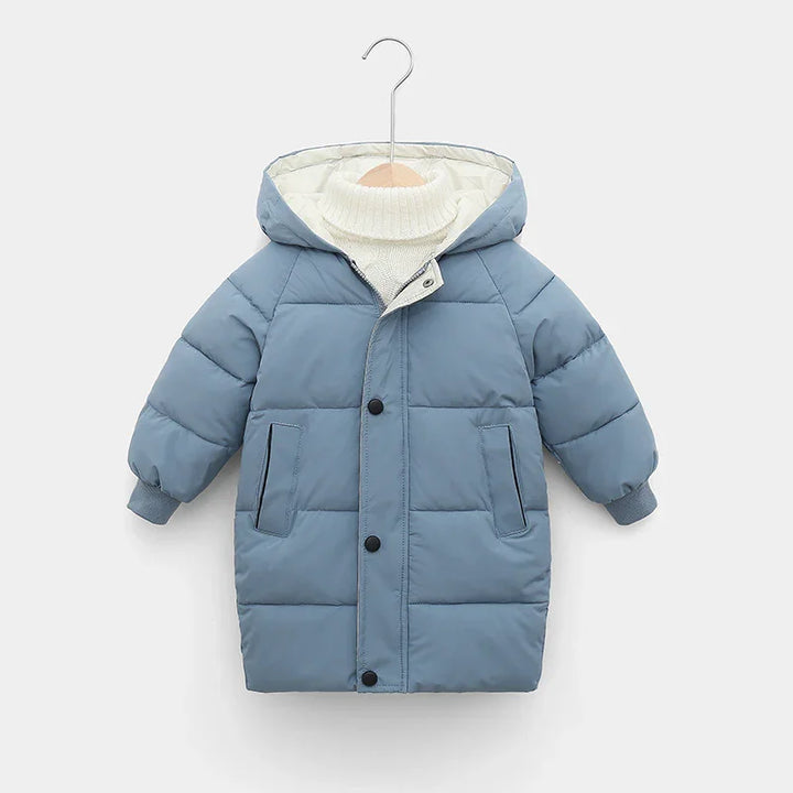 Blue padded toddler winter coat with hood and white knitted turtleneck sweater on hanger