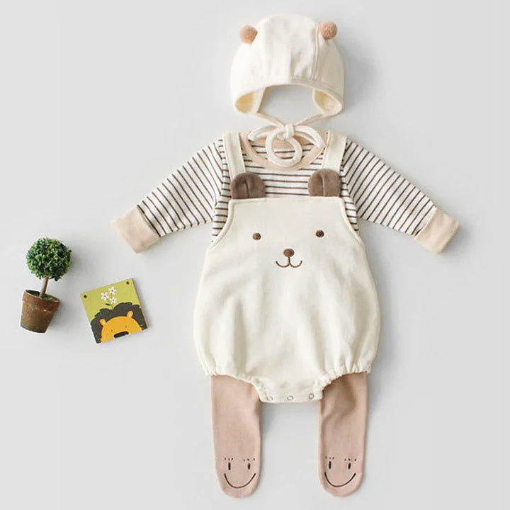 Cute baby outfit with bear-themed romper, striped long sleeves, matching hat with ears, and smiley footed leggings