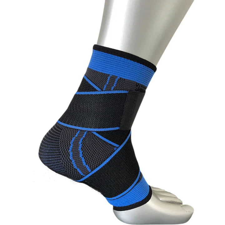 Black and blue ankle compression support sleeve on mannequin foot
