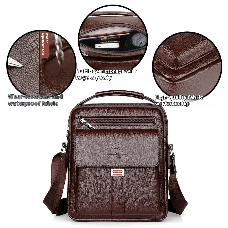 Brown waterproof leather shoulder bag with multi-layer storage, wear-resistant fabric, and high-quality workmanship