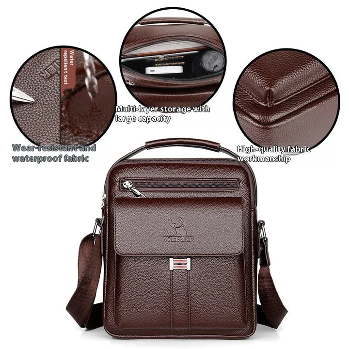 Brown waterproof leather shoulder bag with multi-layer storage, wear-resistant fabric, and high-quality workmanship