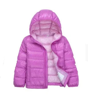 Pink hooded puffer jacket for kids with front zipper and quilted design