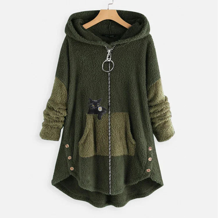 Cozy dark green hooded fleece jacket with front zipper, contrasting pocket, sleeves, and cat graphic with daisy
