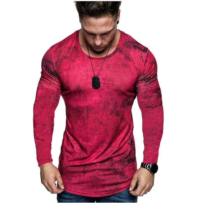 Muscular man wearing fitted red long-sleeve shirt with black distressed pattern, black dog tag necklace, and black watch