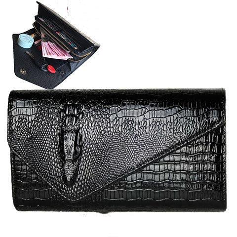 Black crocodile textured leather wallet clutch with flap and multiple compartments inside