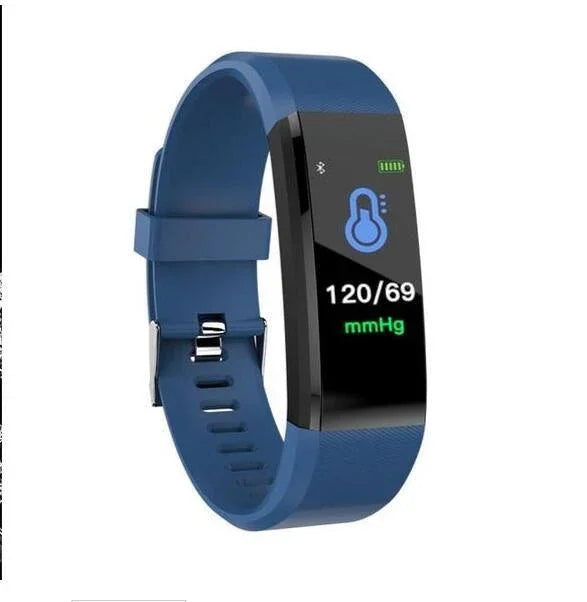 Blue fitness tracker watch showing blood pressure reading 120/69 mmHg and thermometer icon