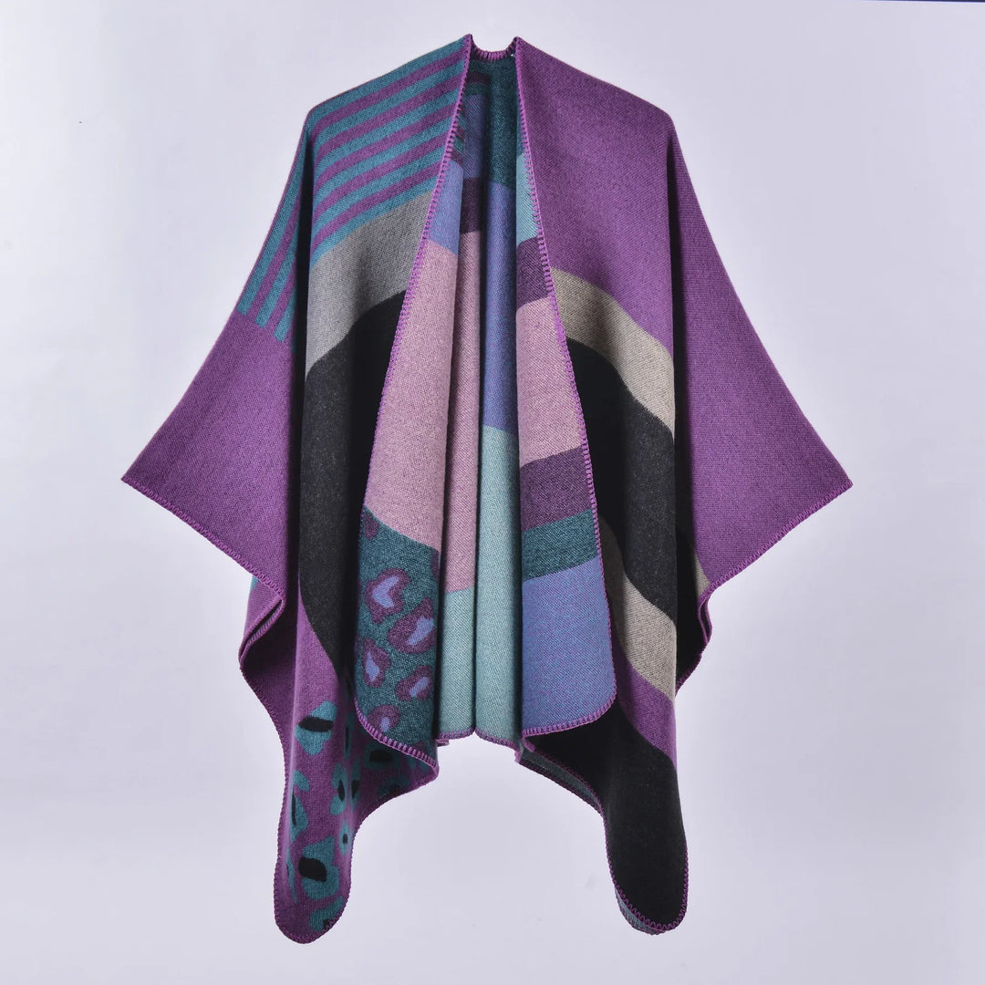Purple and multicolor geometric patterned wool poncho with teal stripes and leopard spots