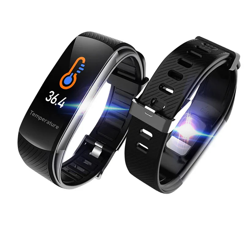 Black fitness tracker wristbands with digital temperature display showing 36.4°C and heart rate sensor
