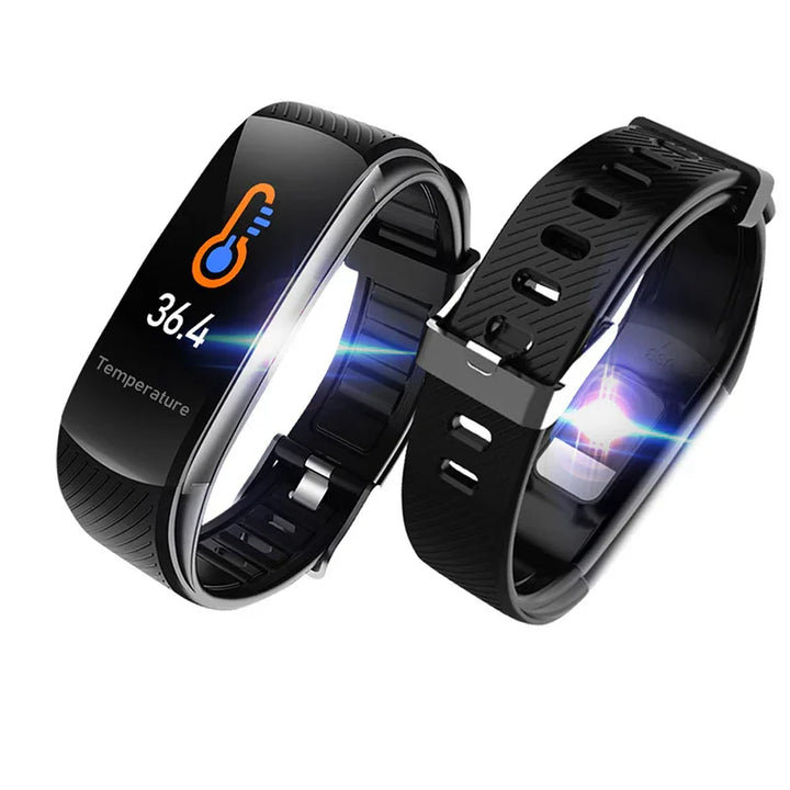 Black fitness tracker wristbands with digital temperature display showing 36.4°C and heart rate sensor