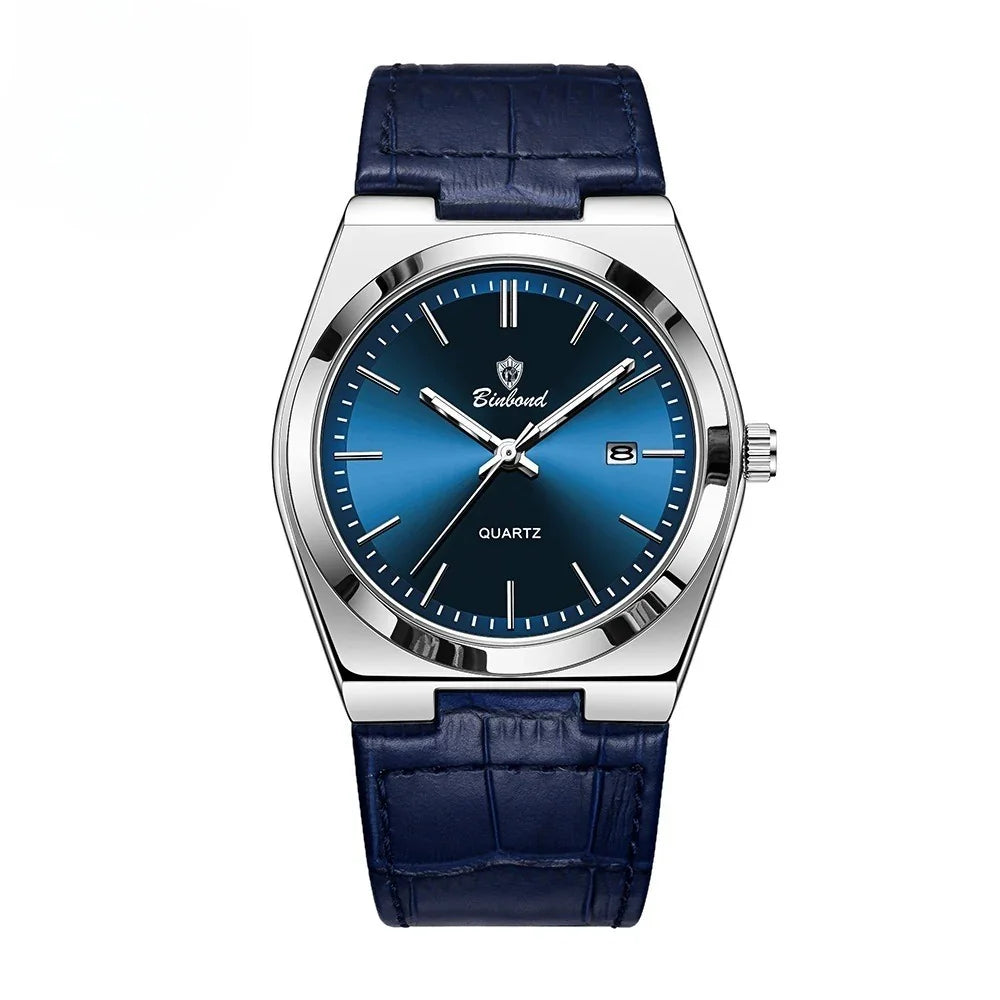 Silver quartz wristwatch with blue sunray dial, date display, and dark blue leather strap