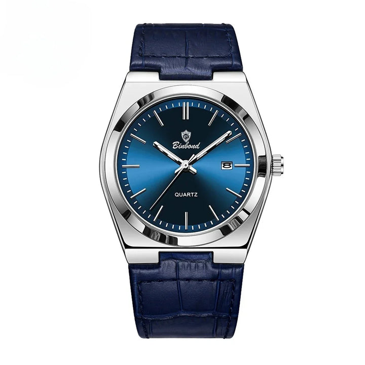 Silver quartz wristwatch with blue sunray dial, date display, and dark blue leather strap