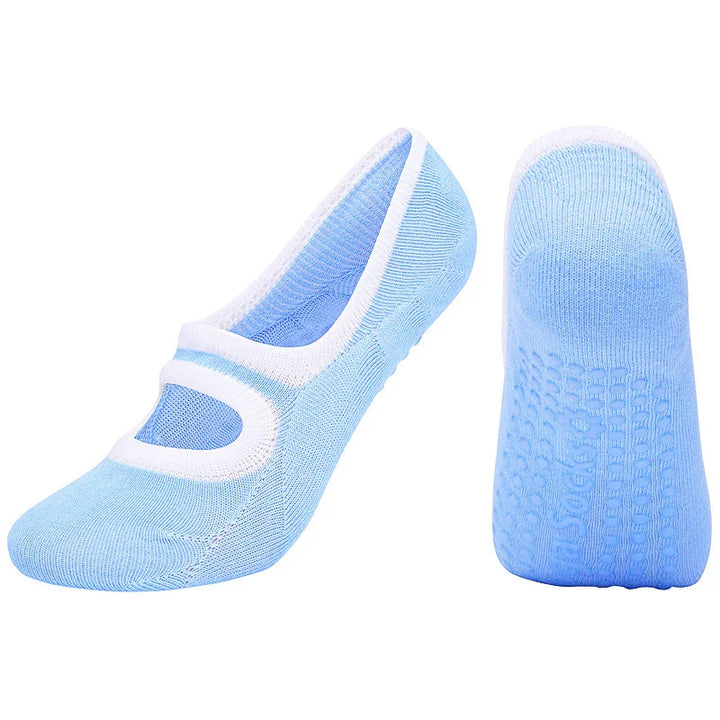 Light blue no-show grip socks with white trim, one showing top and one showing non-slip sole