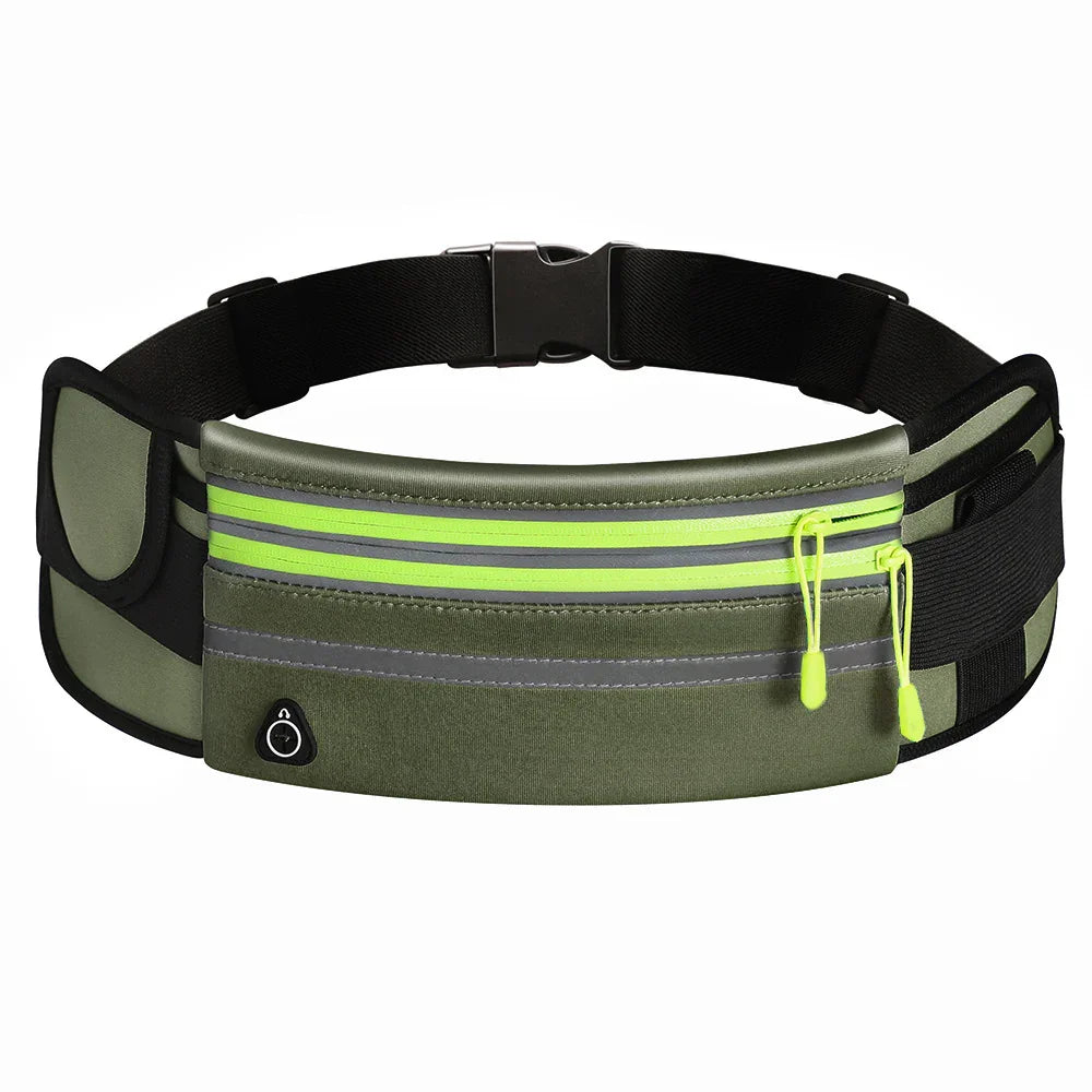 olive green waist belt bag with reflective neon yellow zippers and black adjustable strap