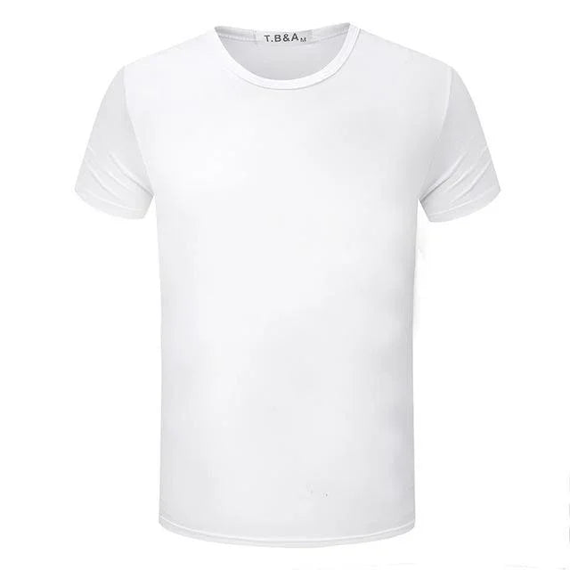 Plain white short sleeve crew neck t-shirt with T.B&A M label
