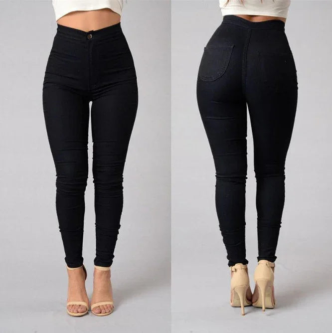 Front and back view of woman wearing high-waisted black skinny jeans with beige heels