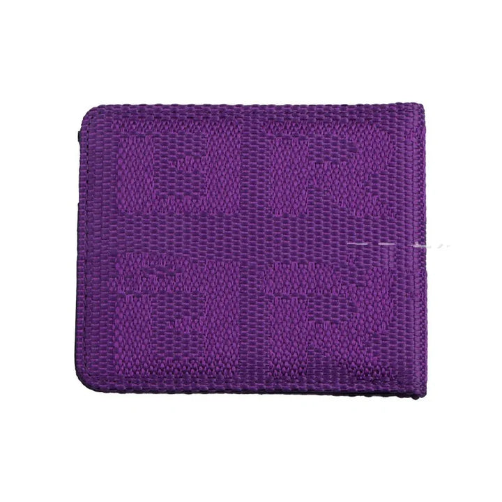 Purple textured fabric wallet with woven ER letters pattern