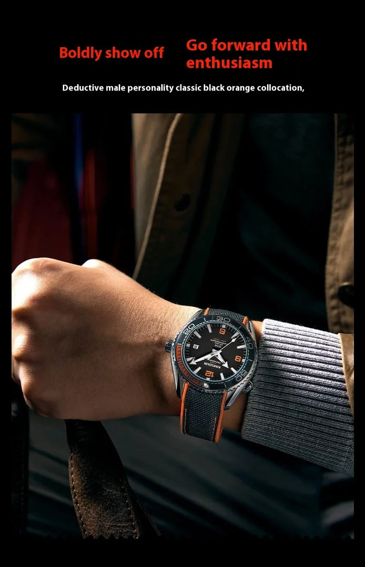 Male wrist wearing black and orange classic MIKnSON wristwatch with textured strap and bold numerals