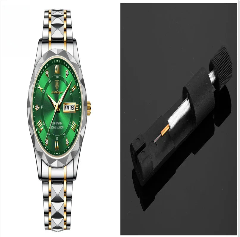 Luxury wristwatch with green dial and silver gold band and black watch repair tool on black background