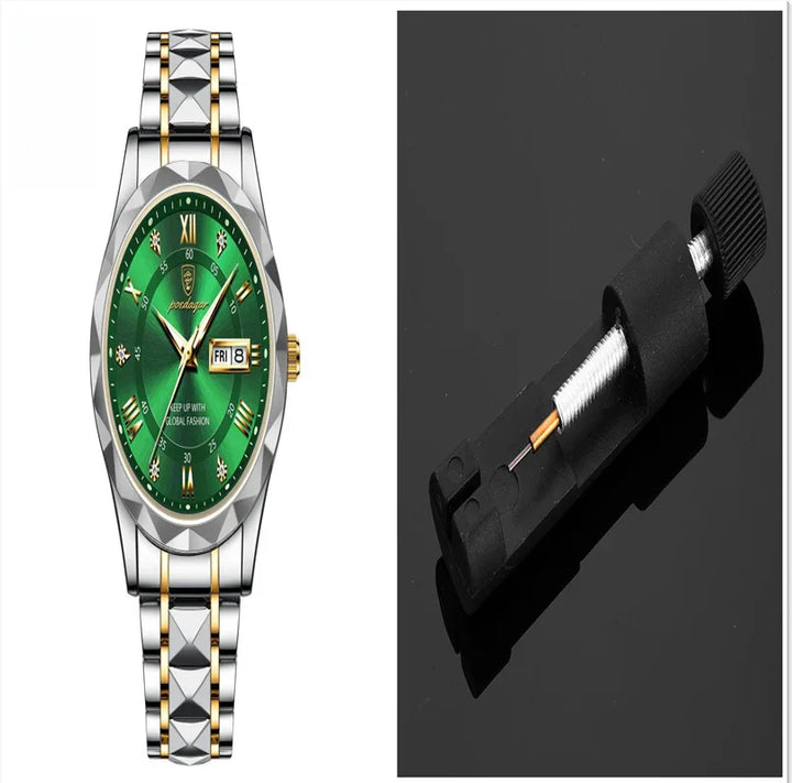 Luxury wristwatch with green dial and silver gold band and black watch repair tool on black background