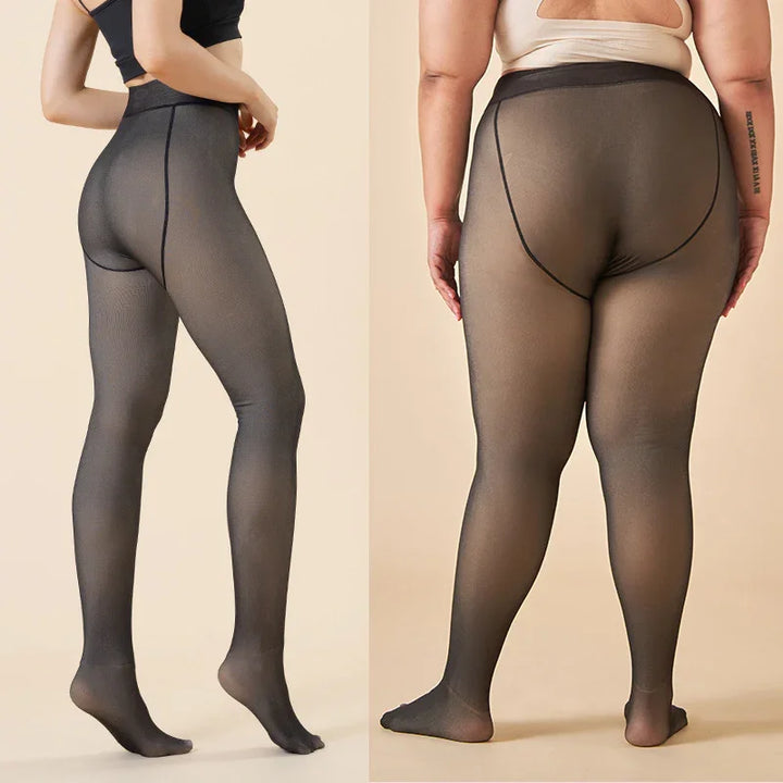 Two women modeling black sheer tights in plus-size and regular fit against beige background