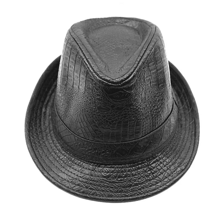Black faux crocodile leather fedora hat with textured pattern and wide brim