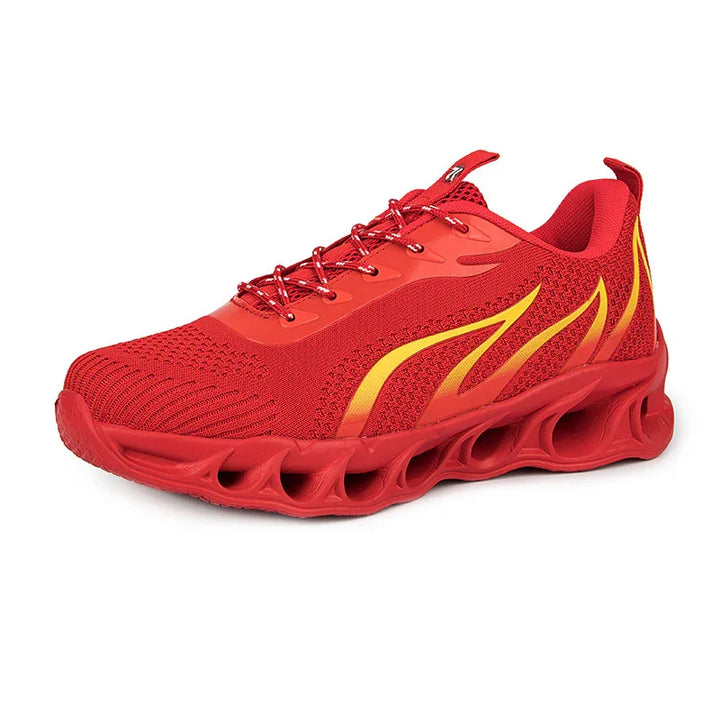 Red athletic sneaker with yellow flame design and ventilated sole for running
