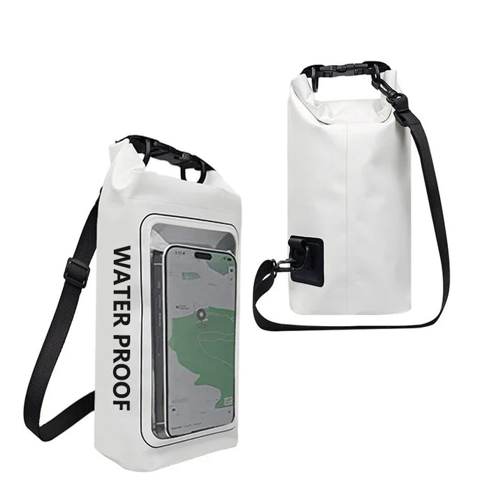 White waterproof dry bag with clear phone pocket and black shoulder strap