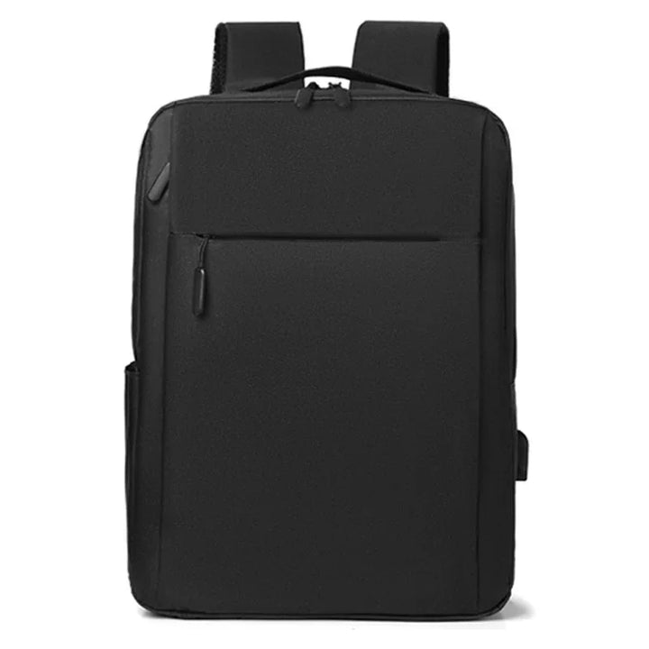 Minimalist black backpack with front zipper pocket and padded shoulder straps