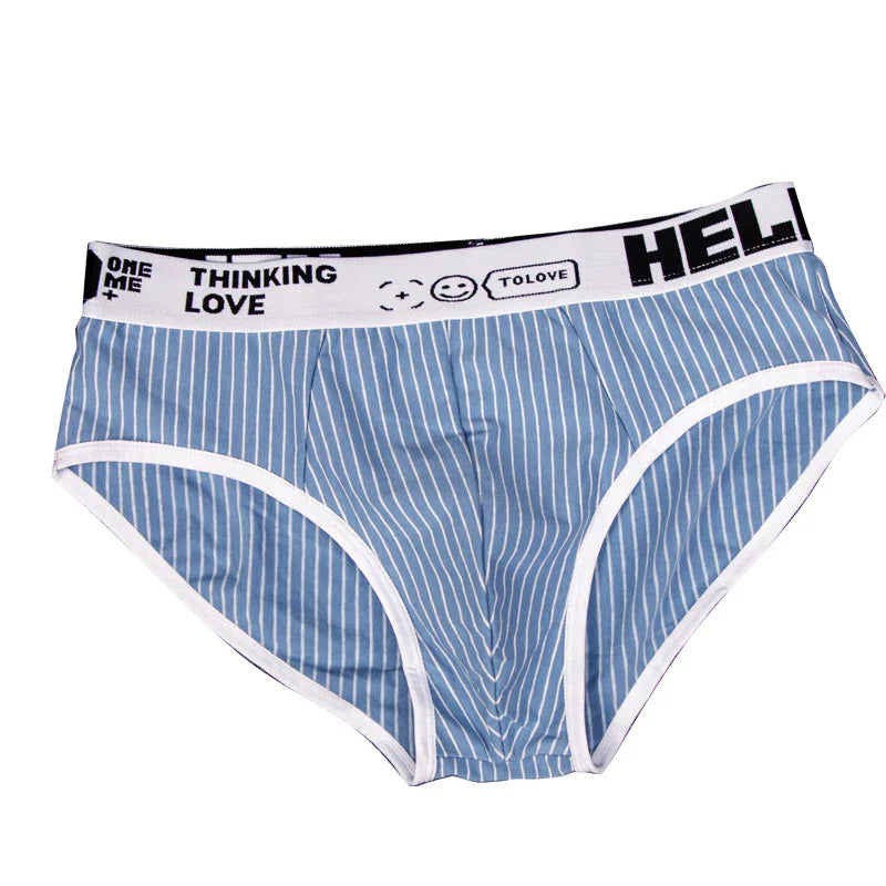 Blue and white striped men's briefs with white waistband featuring text and smiley icons