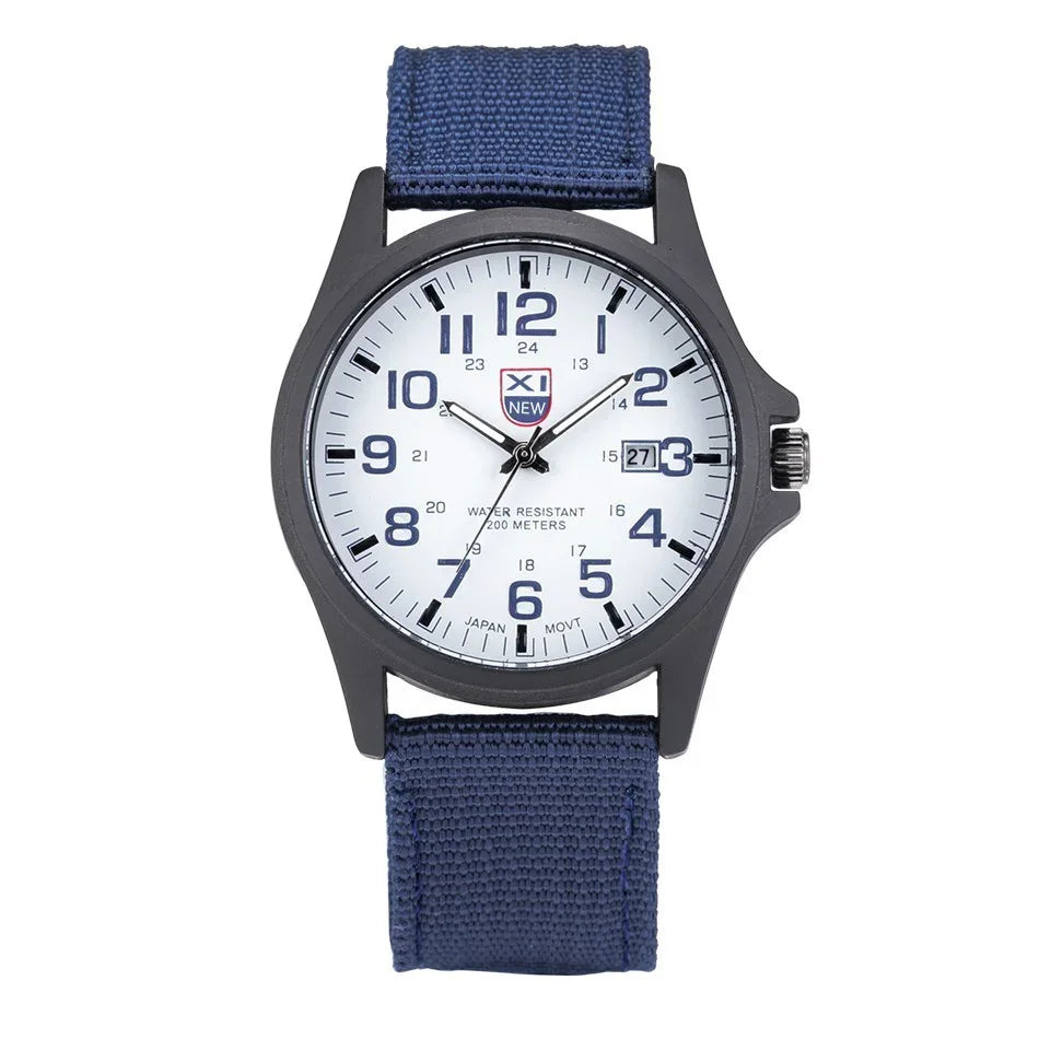 White dial wristwatch with black case, blue fabric strap, date display, and water resistant to 200 meters