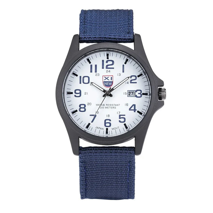 White dial wristwatch with black case, blue fabric strap, date display, and water resistant to 200 meters