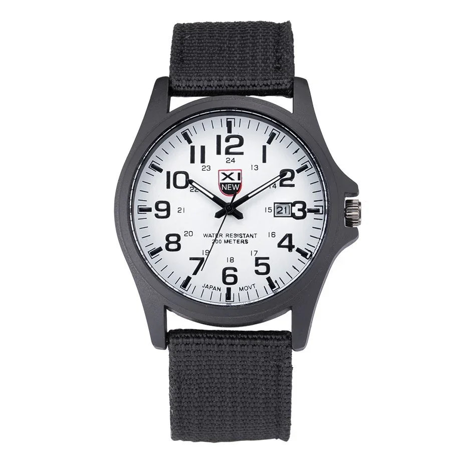 Black strap wristwatch with white dial, bold black numbers, date display, and water resistant up to 30 meters